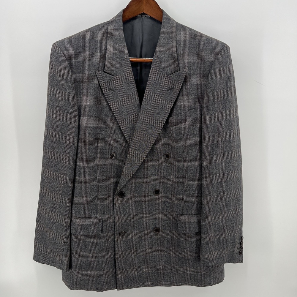 Valentino Uomo Sport Coat 43L Glen Plaid Double Breasted Button Blazer Jacket